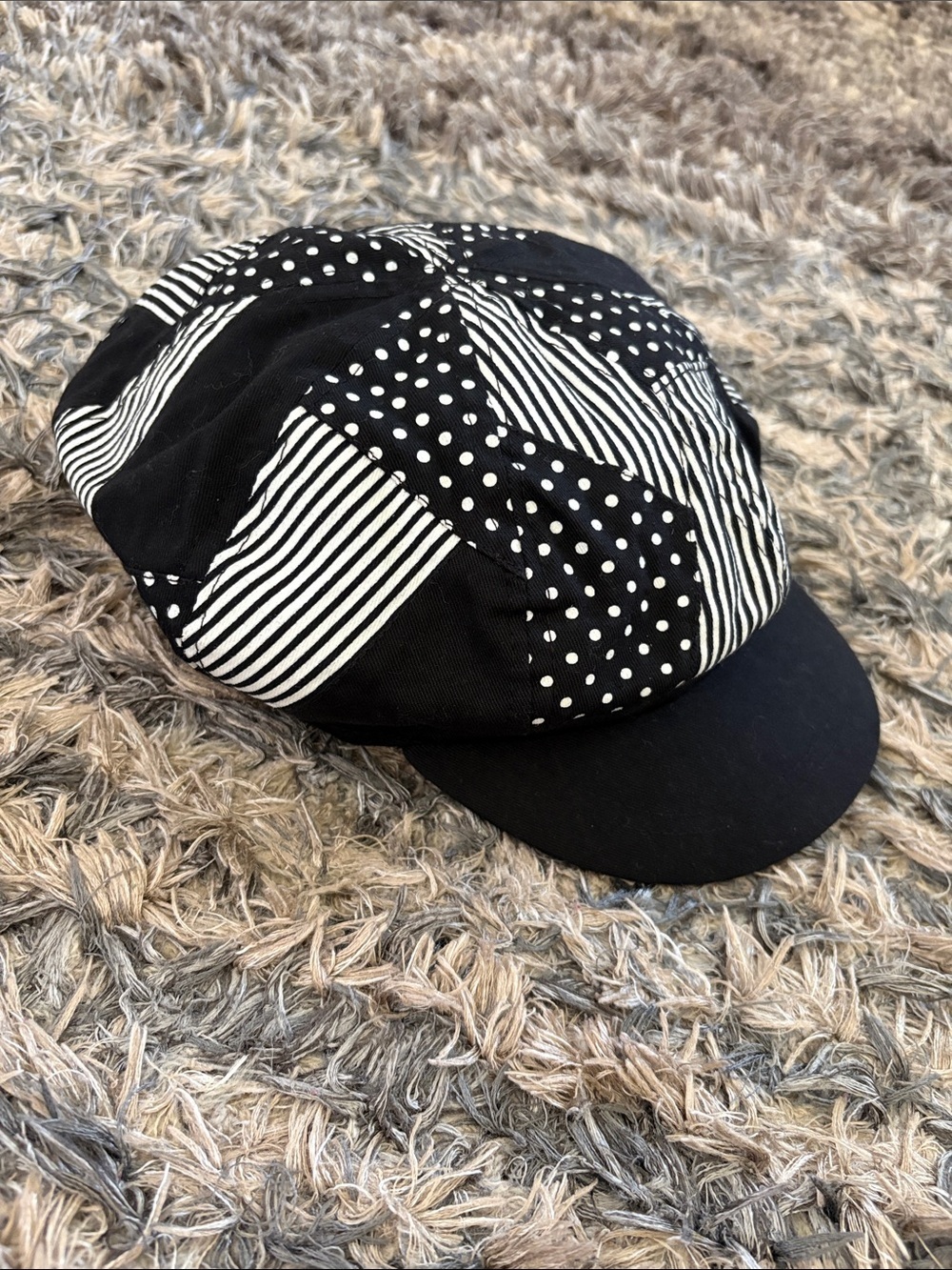 Black Patchwork Newsboy Cap with Striped and Polka Dot Panels One Size
